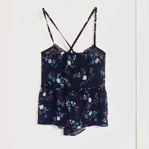 Hollister Navy Floral Sheer Criss Cross Tank Top